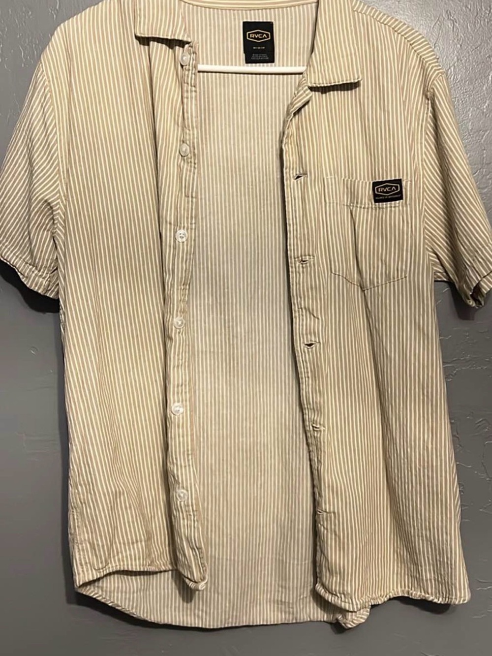 RVCA Beige and White Pinstripe Short-Sleeve Button-Down Shirt